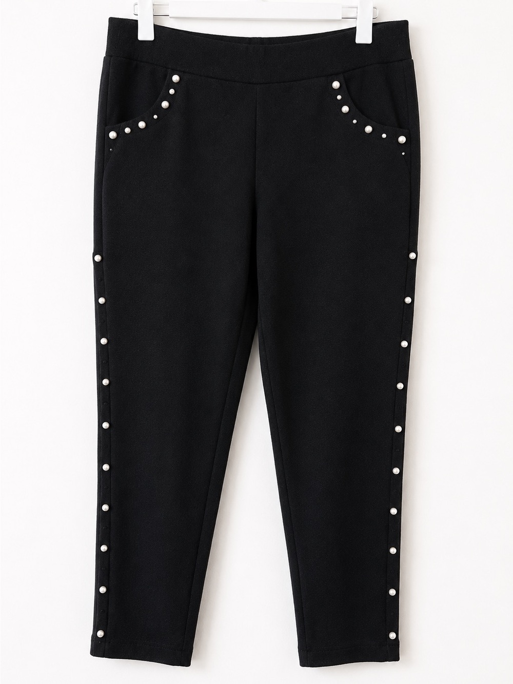 Pearl-Trim Ponte Pants - Black